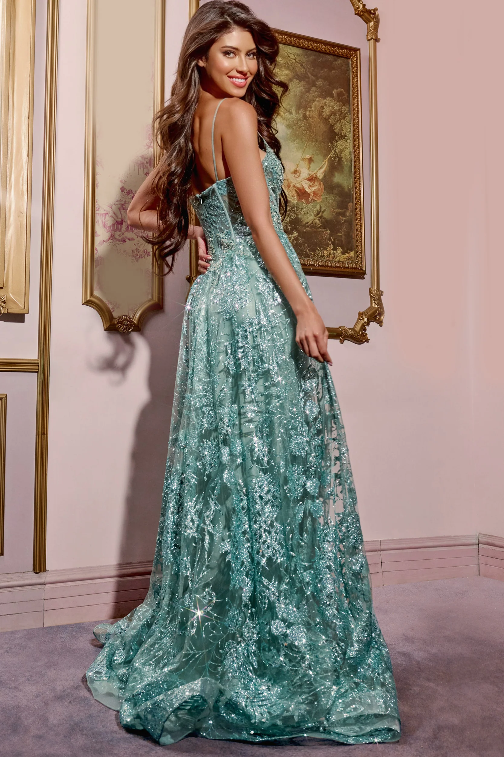 42199 - Jovani - Sage Lace Embroidered A-Line Ball Gown - Image 6