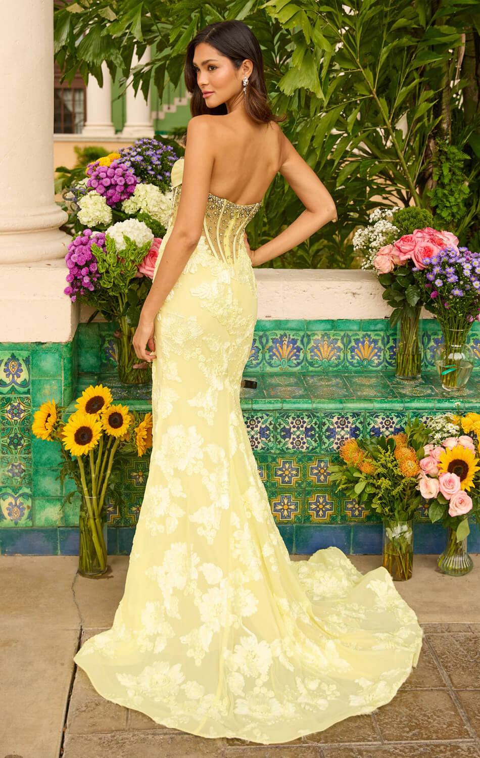 42297 - Ava Presley - Yellow Floral Lace Mermaid Gown - Image 6