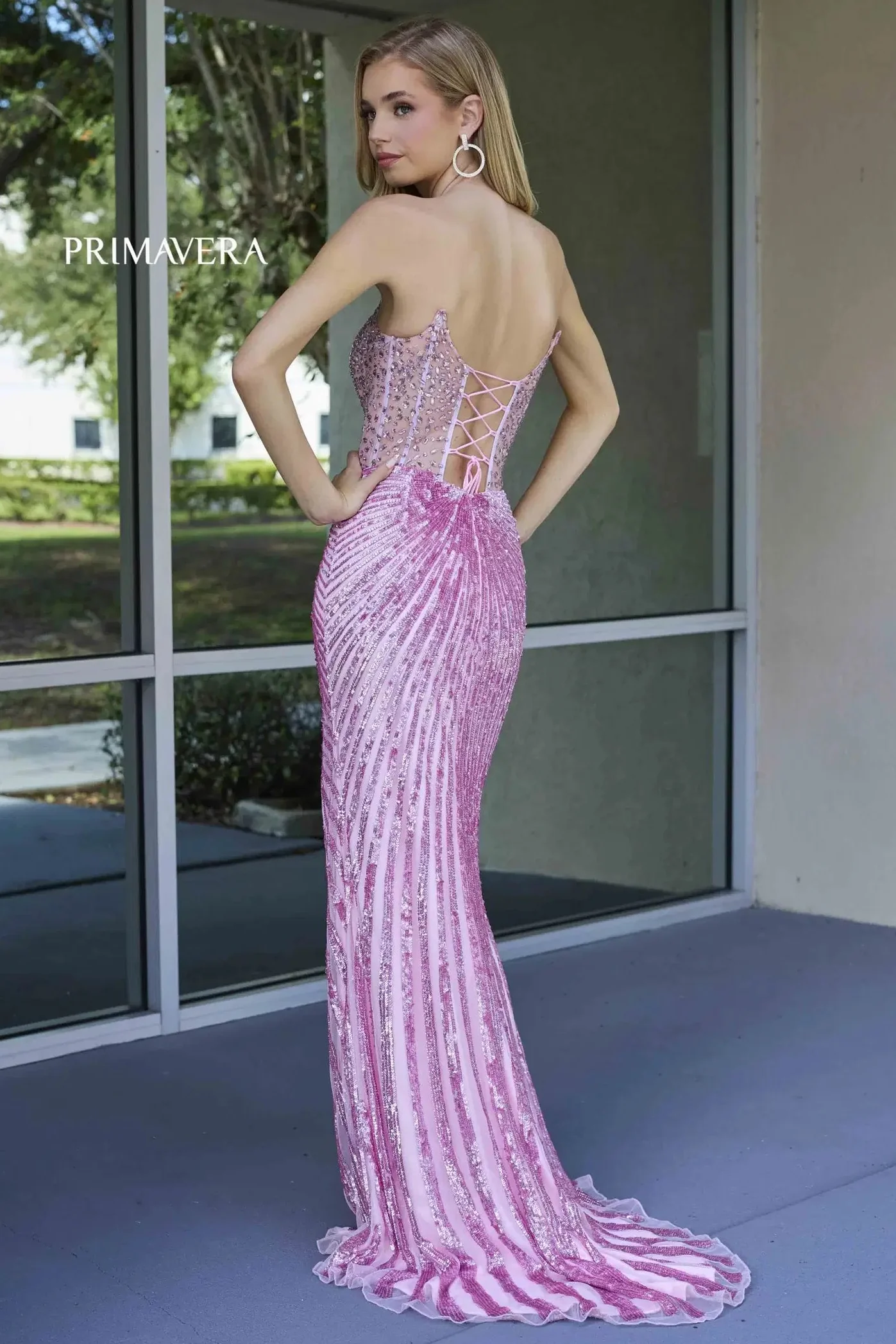 4304 – Primavera - Strapless Beaded Gown with Slit & Lace-Up Back - Image 6