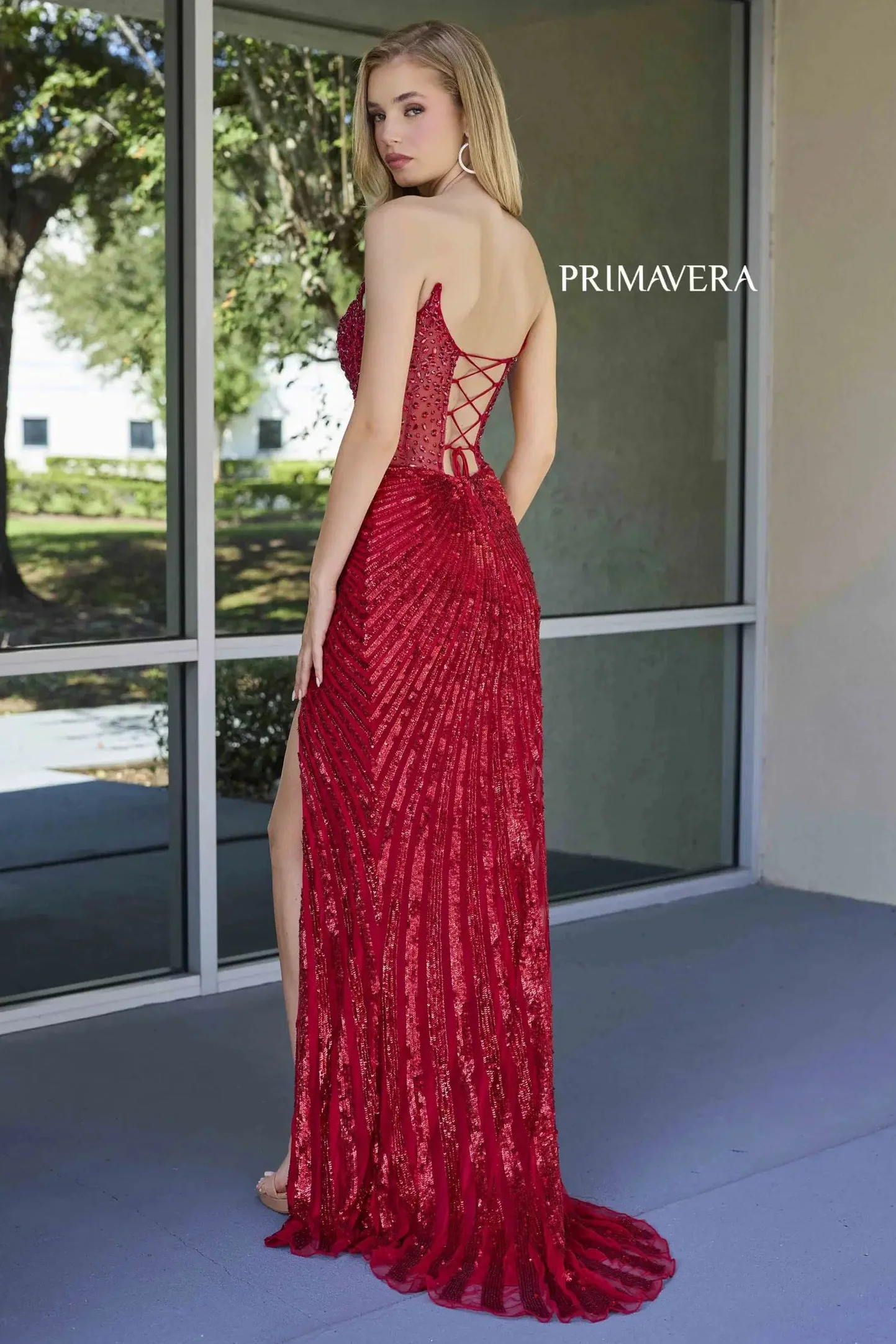 4304 – Primavera - Strapless Beaded Gown with Slit & Lace-Up Back - Image 8