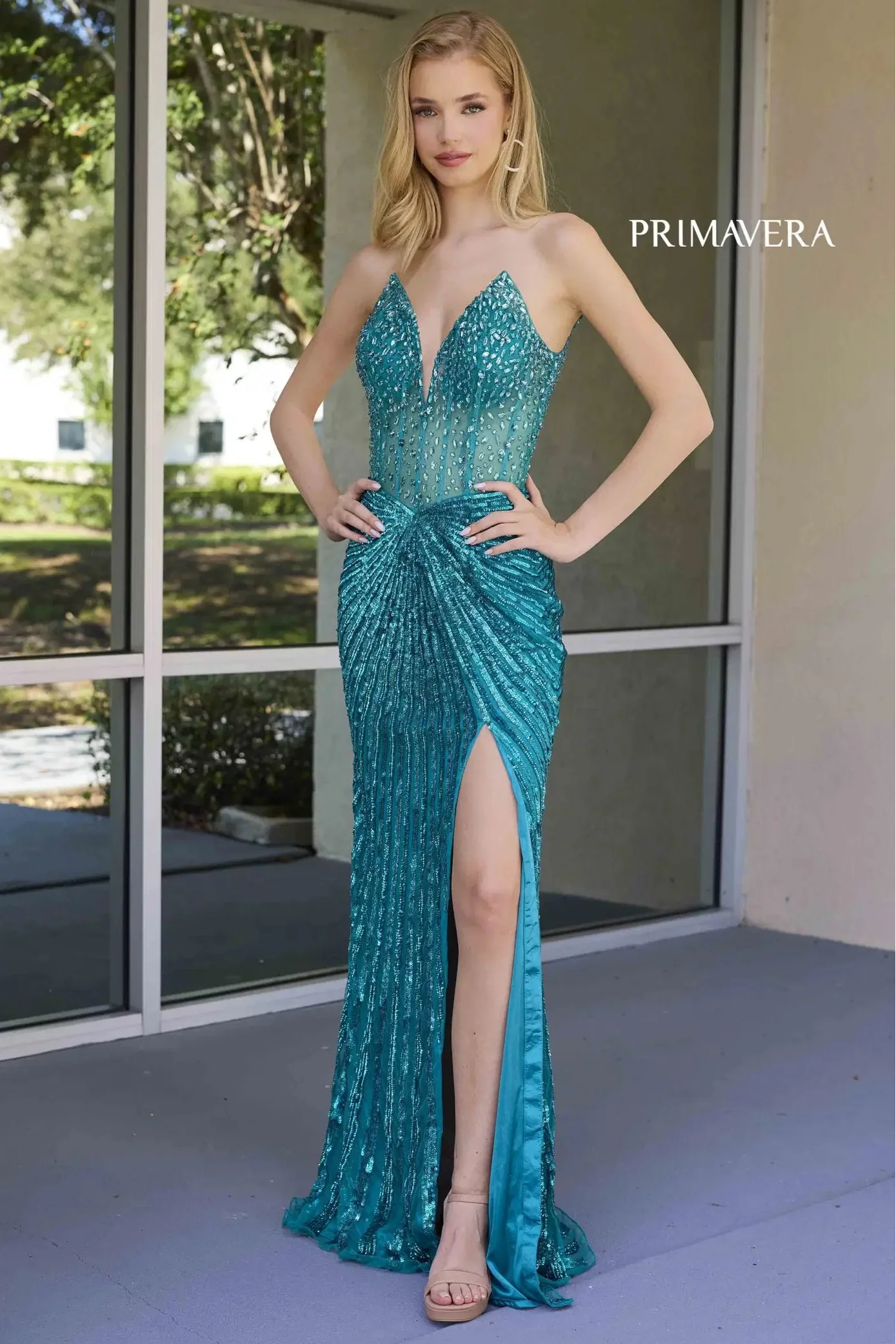4304 – Primavera - Strapless Beaded Gown with Slit & Lace-Up Back - Image 9