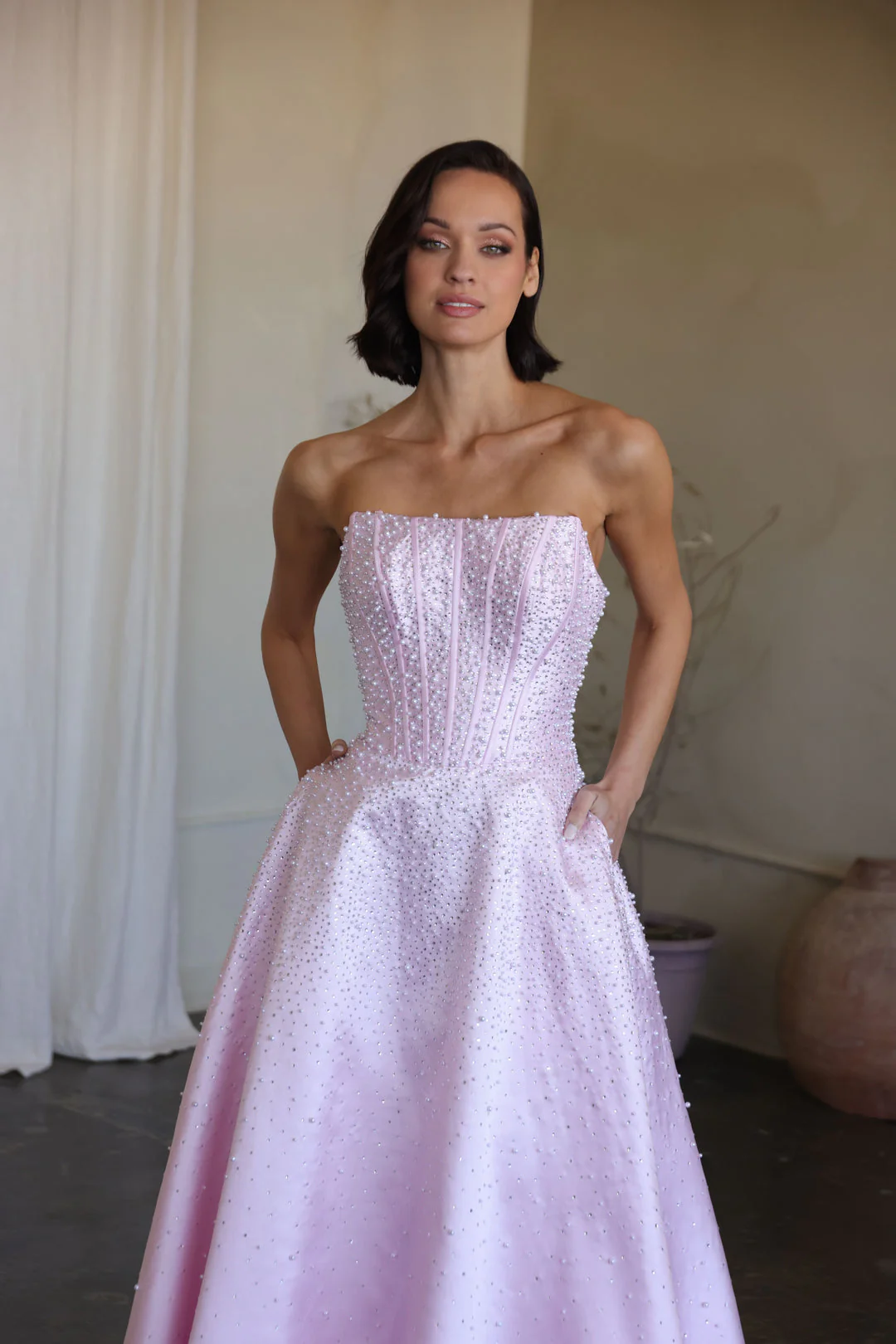 47283 - Ava Presley - Mikado A-line Corset Dress with Pearls - Image 4