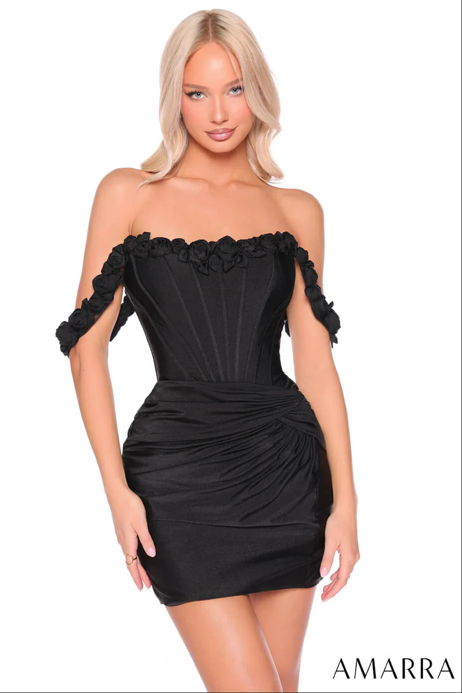 88980 - Amarra - Off-Shoulder Corset Mini Dress with Floral Rosettes - Image 3