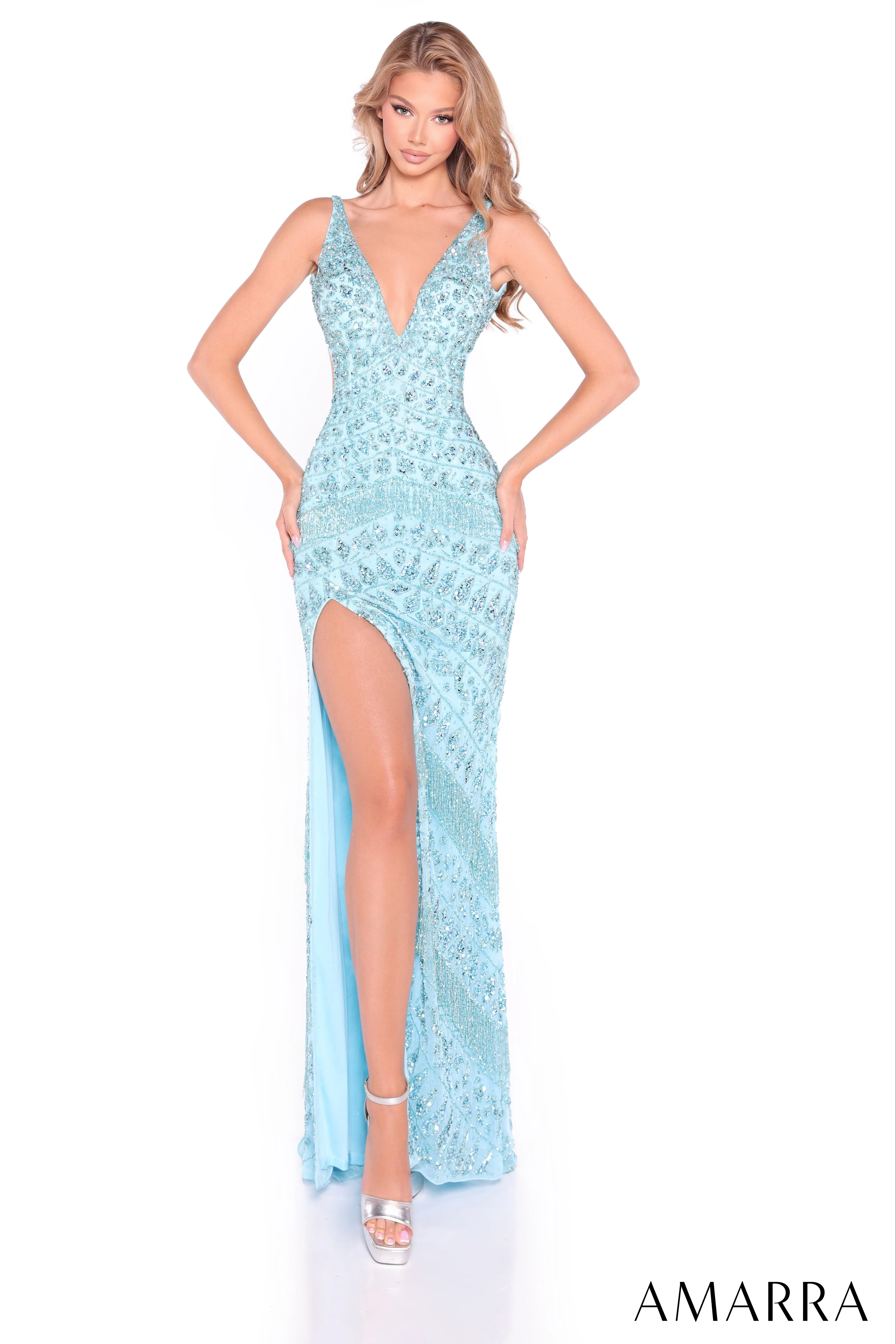89071 - Amarra - Beaded Fringe V-Neck Prom Dress - Image 4