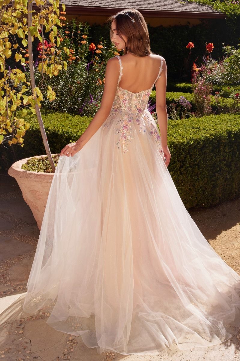 A1288 - A-LINE DRESS WITH MULTI COLORED FLORAL EMBELLISHMENT - ANDREA & LEO - Image 2