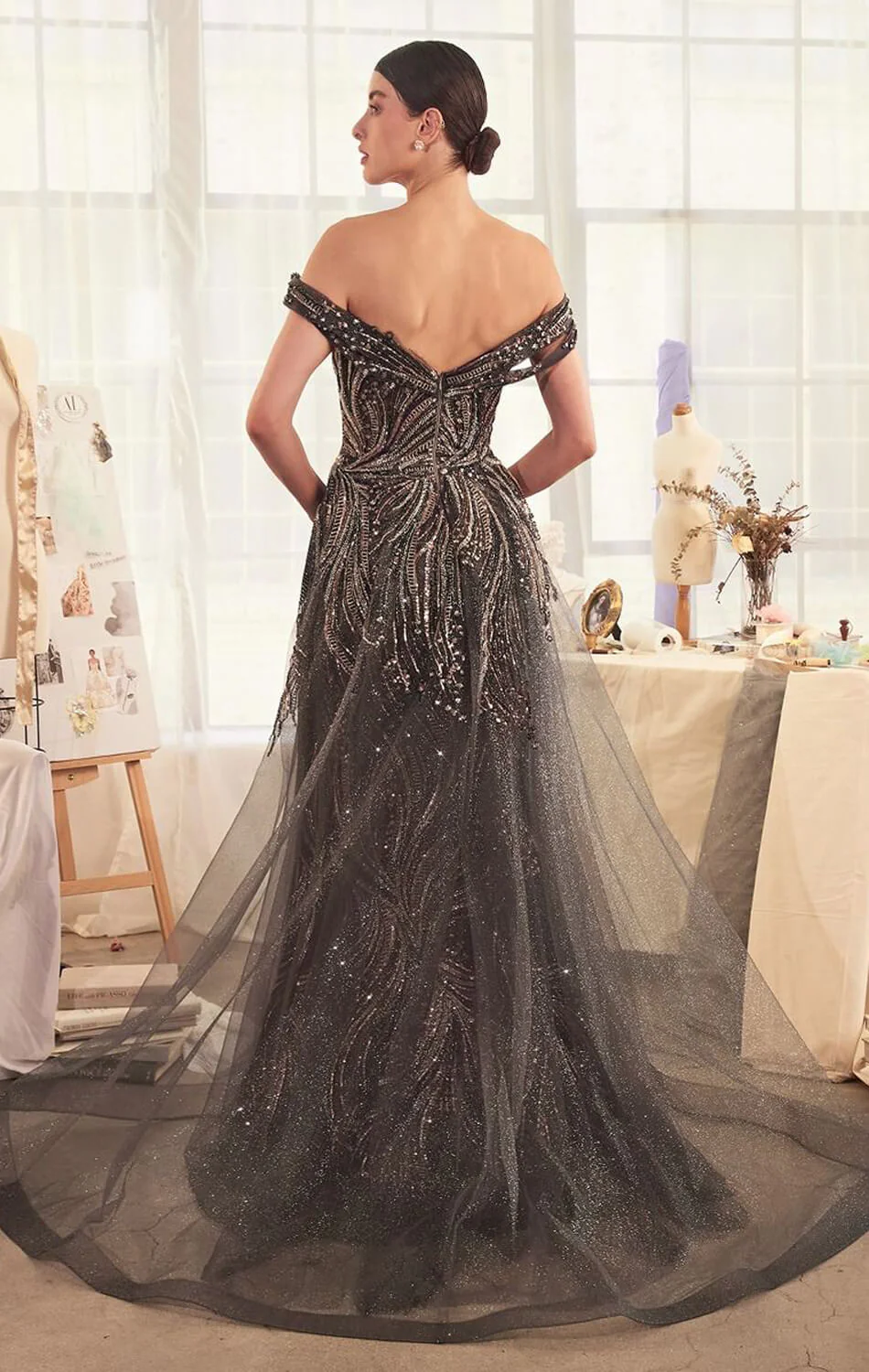 A1375 - OFF THE SHOULDER BEADED GOWN & OVERSKIRT - Andrea & Leo - Image 2