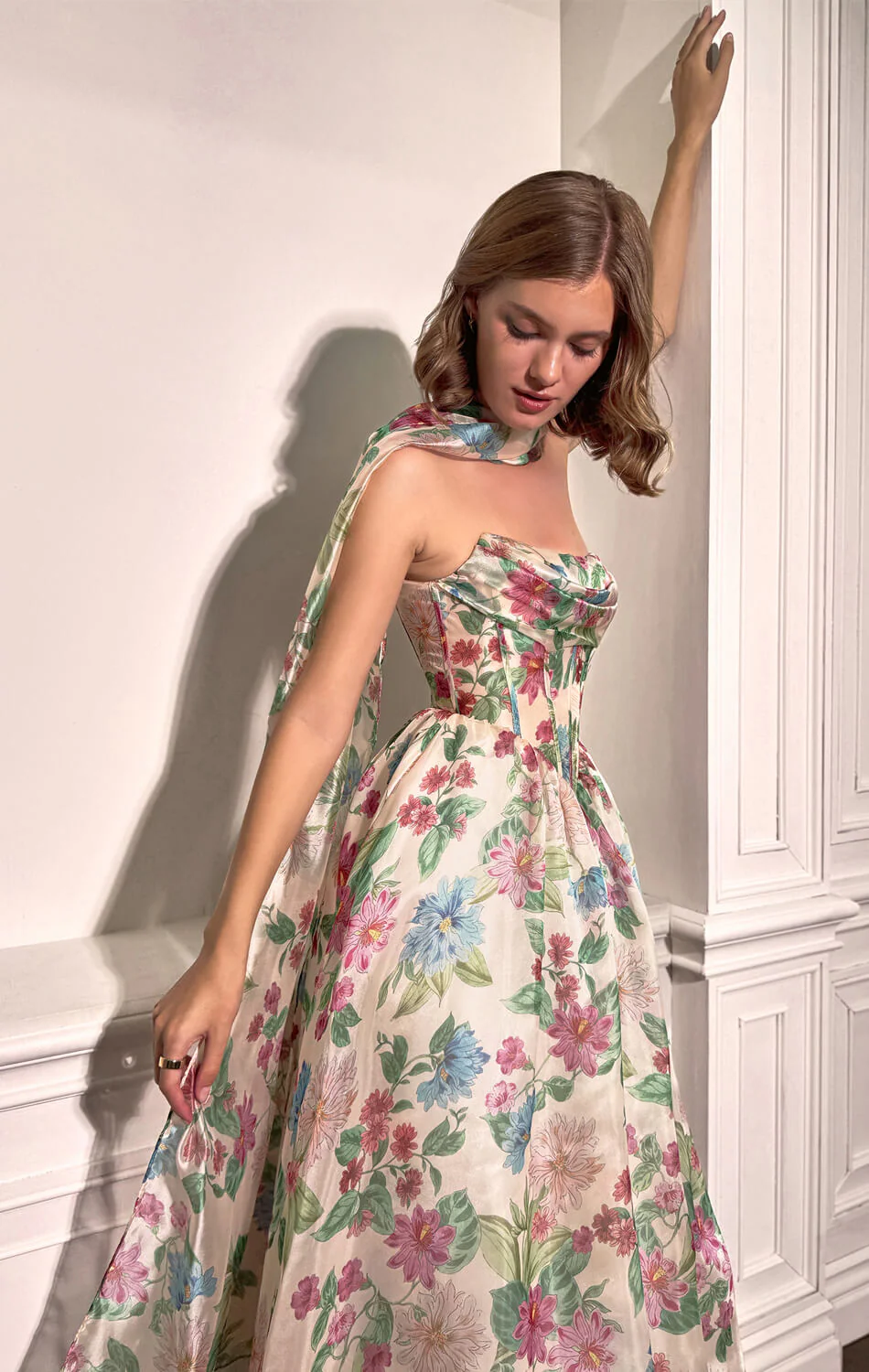 A1425 - Tossed Bouquet Printed Organza Dress With Scarf - Andrea & Leo - Image 5