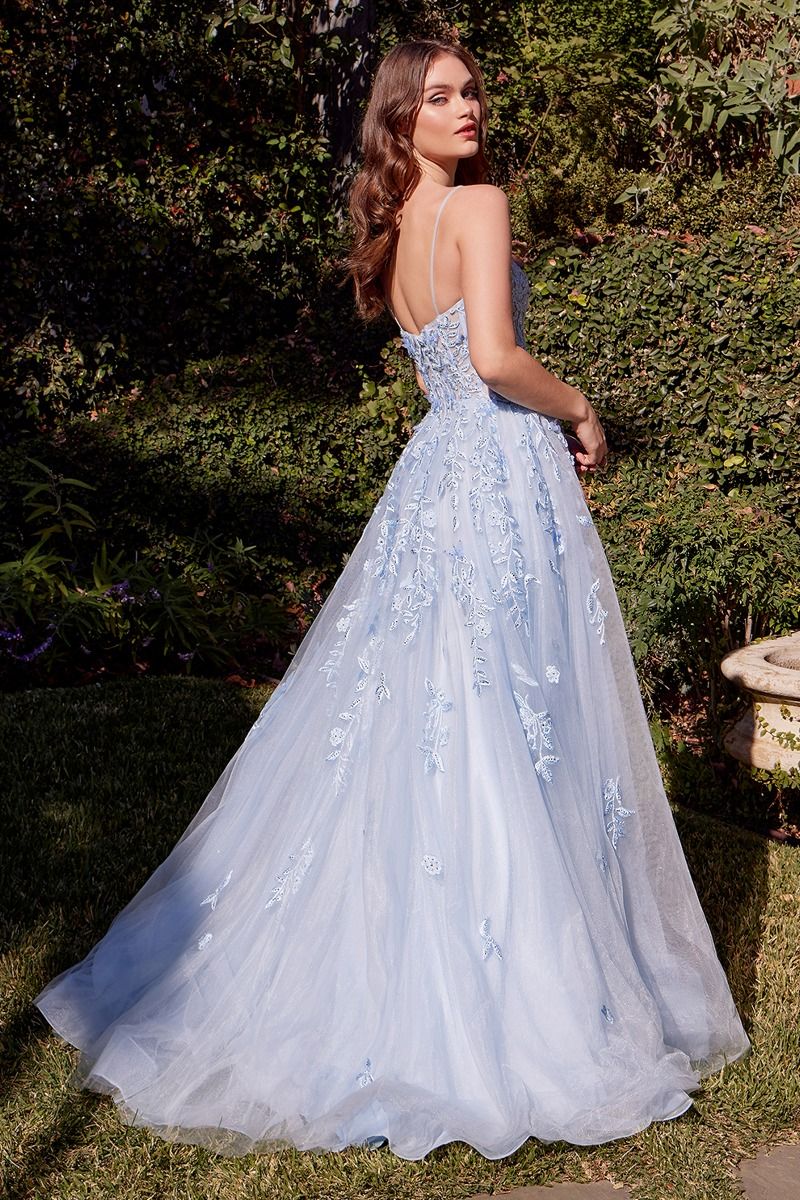 A1437 - LIGHT BLUE LEAF MOTIF APPLIQUED A-LINE DRESS - Andrea & Leo - Image 3
