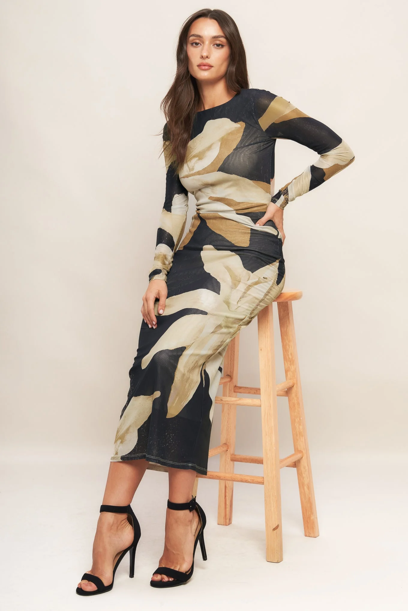 ABSTRACT BOTANICA LONG SLEEVE POWER MESH MIDI DRESS - Image 2