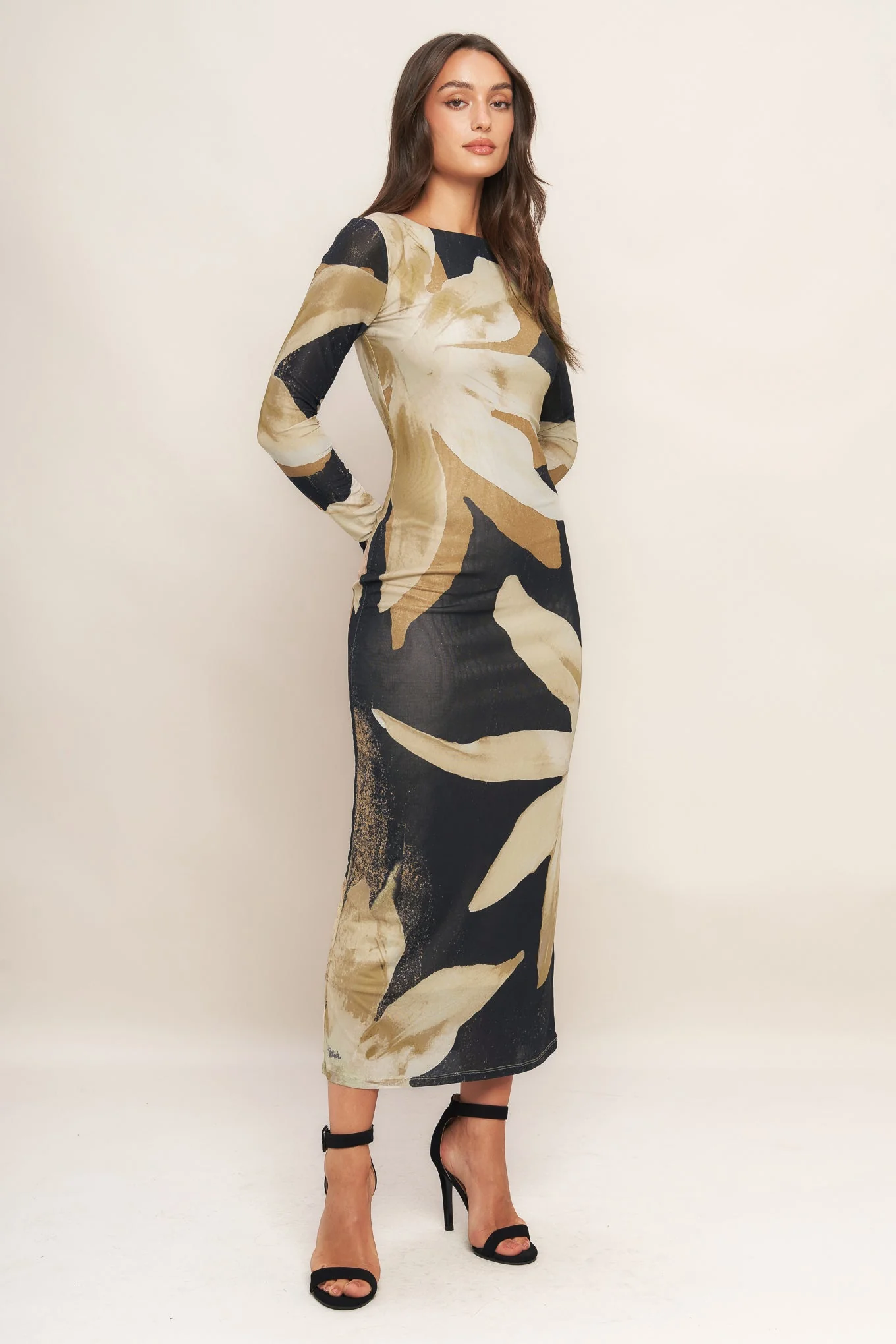 ABSTRACT BOTANICA LONG SLEEVE POWER MESH MIDI DRESS - Image 5