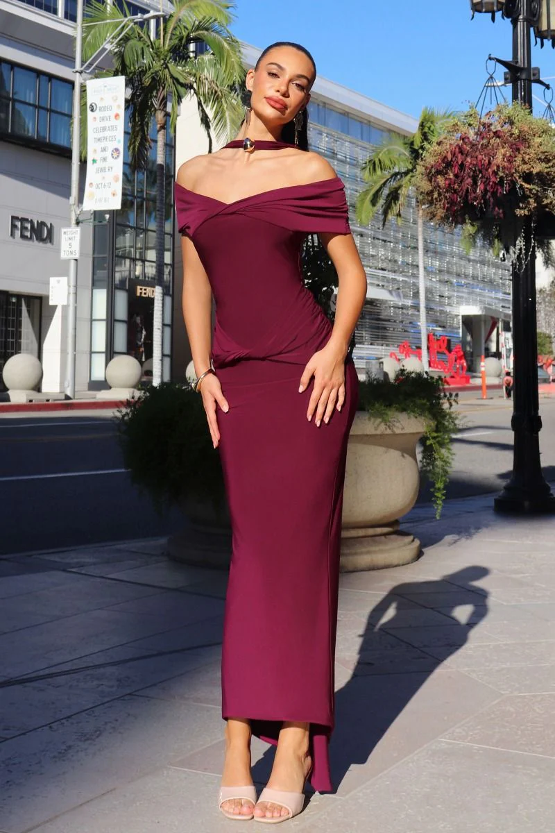 Afton Maxi - Off The Shoulder With Halter Strap ITY Dress - Image 20