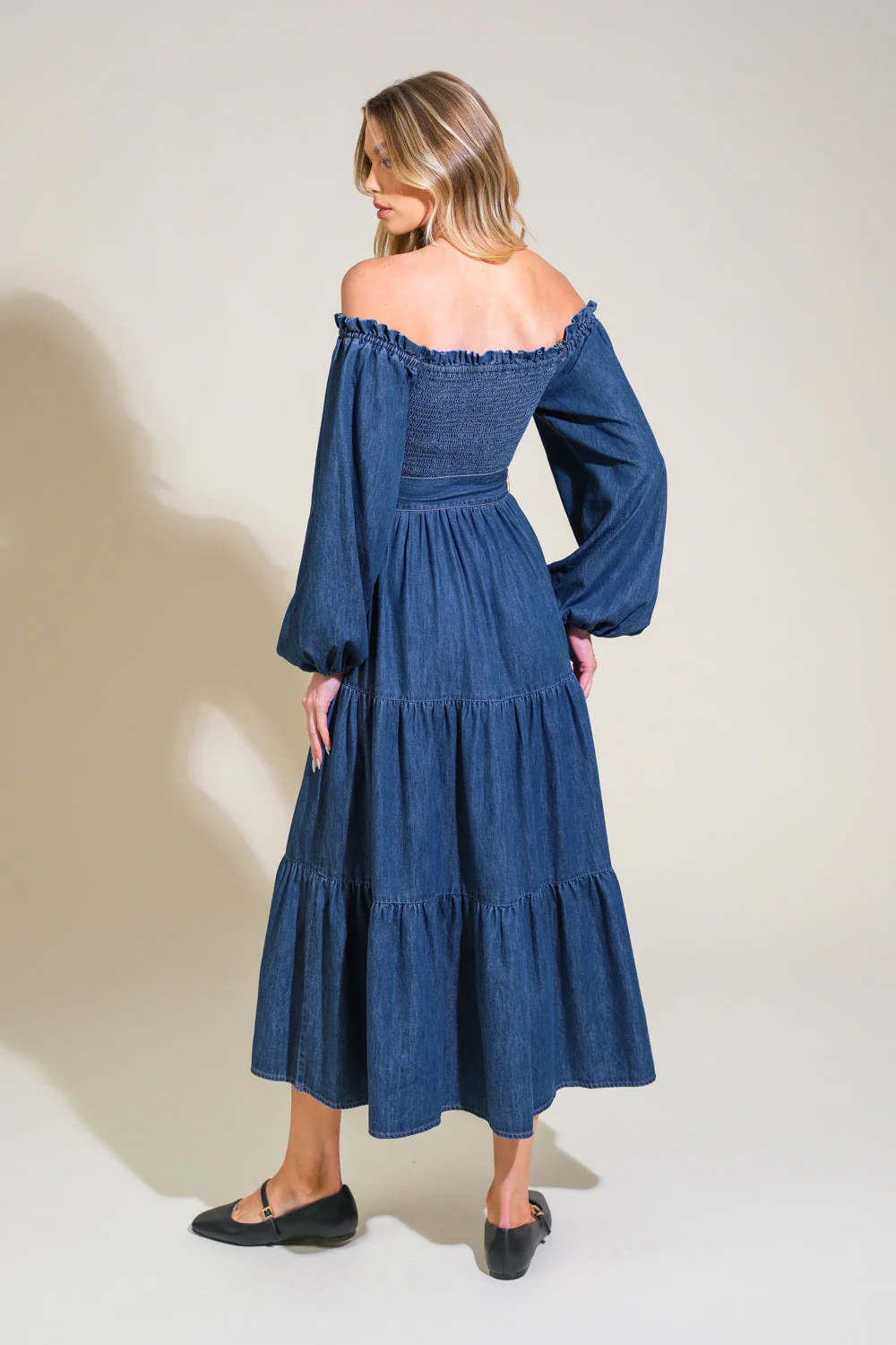 ARTISTIC IMPULSE - LONG SLEEVE OFF-THE-SHOULDER DENIM MIDI DRESS - Image 2
