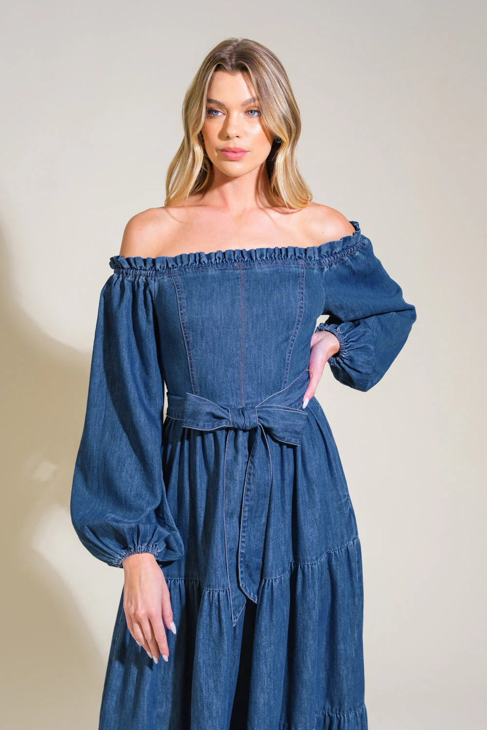 ARTISTIC IMPULSE - LONG SLEEVE OFF-THE-SHOULDER DENIM MIDI DRESS - Image 3