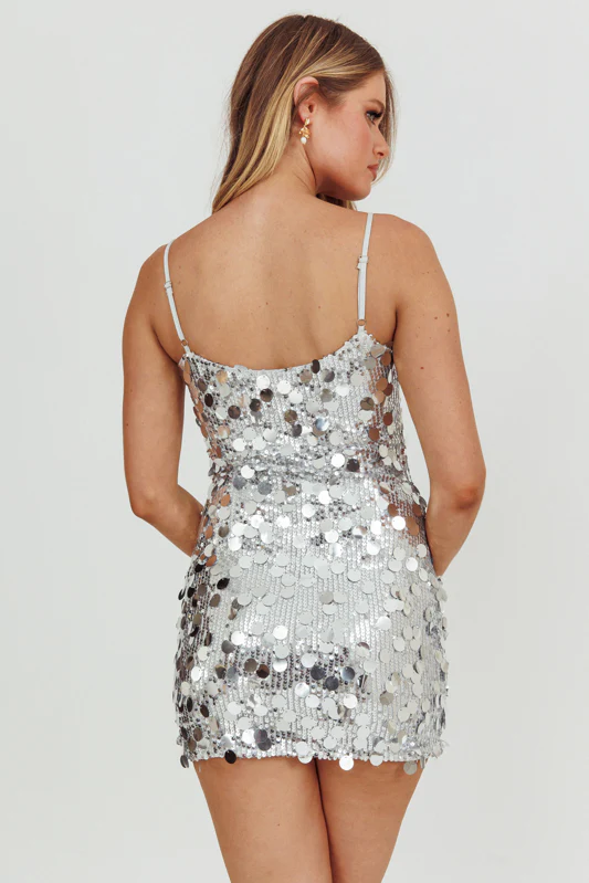 ASTRA MINI DRESS - SEQUIN PARTY DRESS - SILVER - Image 3