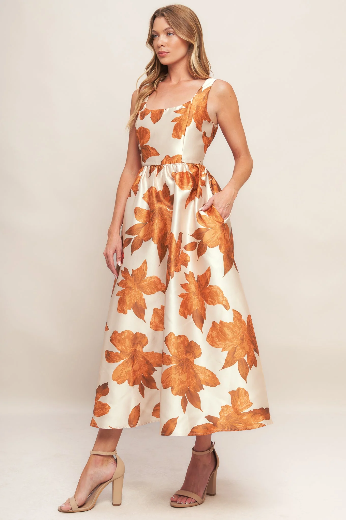 FALL FLORAL SATIN MIDI DRESS - RUST - Image 3