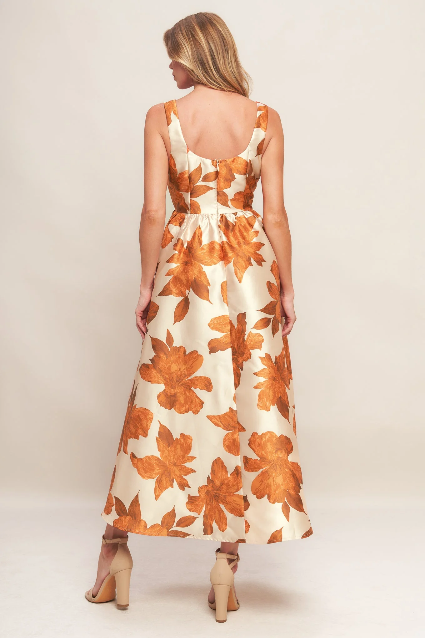 FALL FLORAL SATIN MIDI DRESS - RUST - Image 4