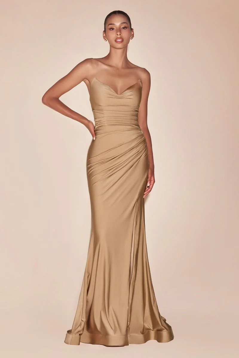 AVA POINTED V-NECKLINE GOWN - STRAPLESS STRETCH SPANDEX SATIN FITTED DRESS - Image 15