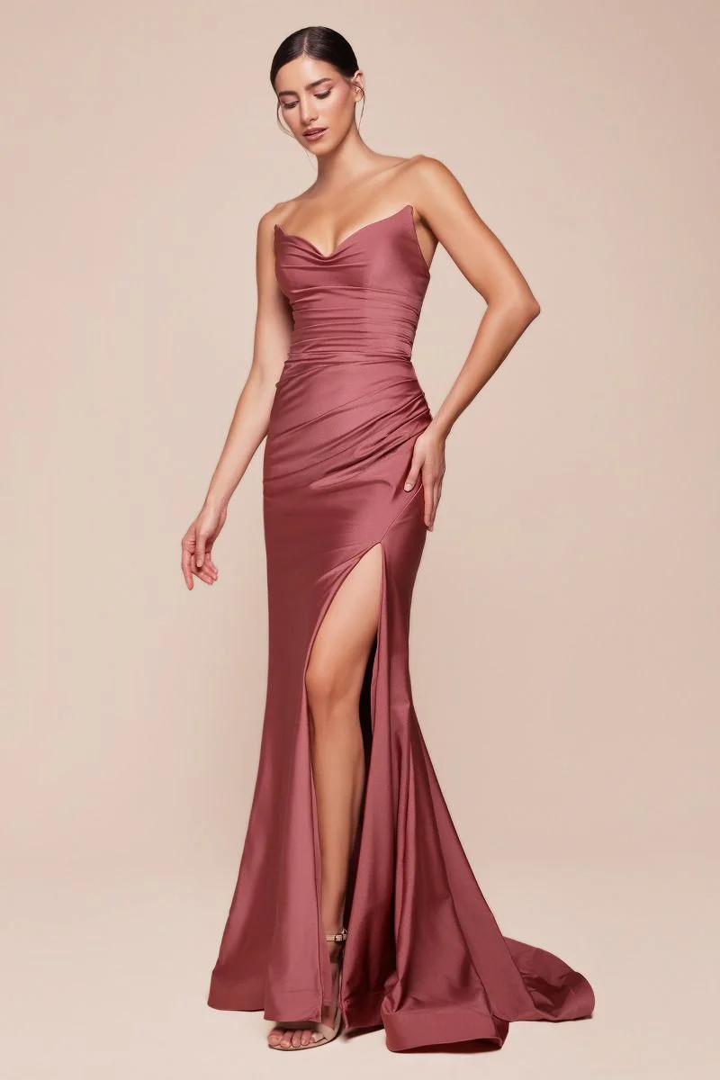 AVA POINTED V-NECKLINE GOWN - STRAPLESS STRETCH SPANDEX SATIN FITTED DRESS - Image 18