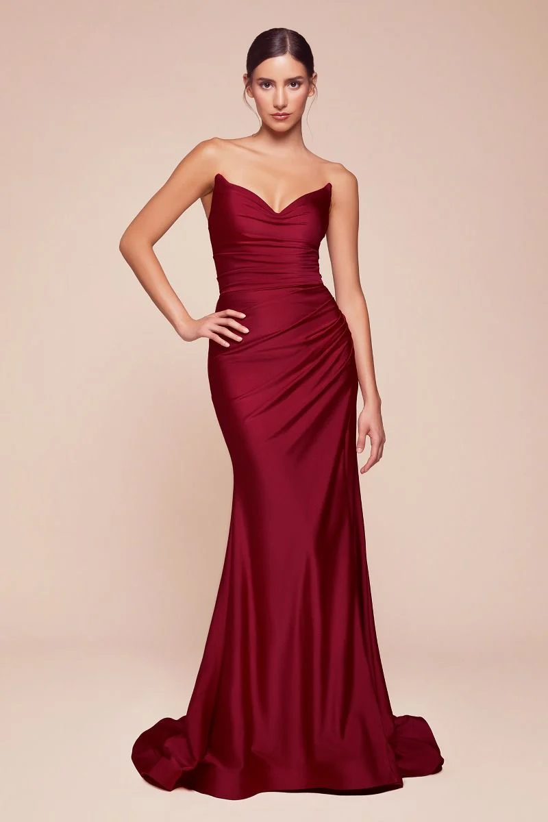 AVA POINTED V-NECKLINE GOWN - STRAPLESS STRETCH SPANDEX SATIN FITTED DRESS - Image 2