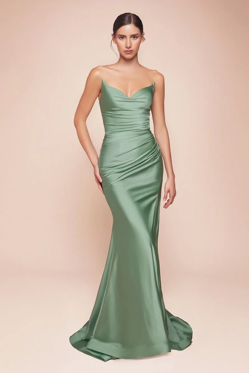 AVA POINTED V-NECKLINE GOWN - STRAPLESS STRETCH SPANDEX SATIN FITTED DRESS - Image 4