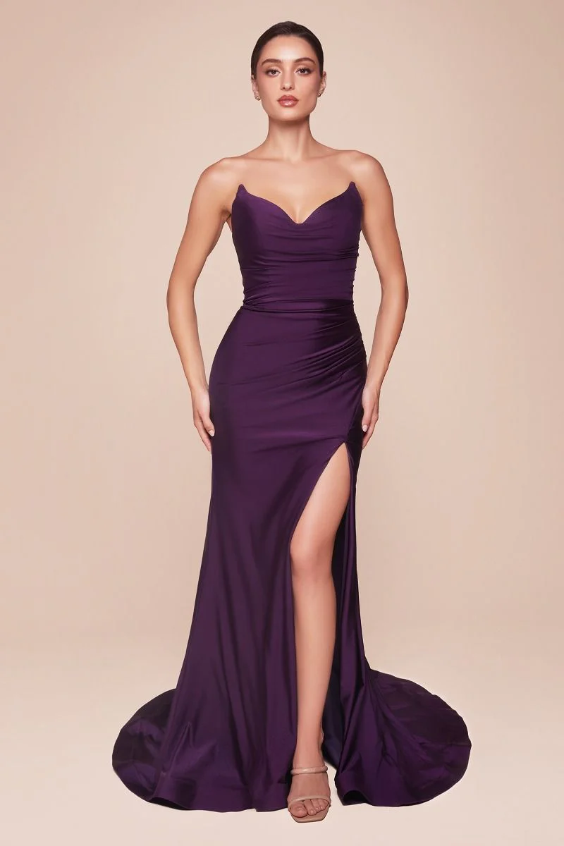 AVA POINTED V-NECKLINE GOWN - STRAPLESS STRETCH SPANDEX SATIN FITTED DRESS - Image 8