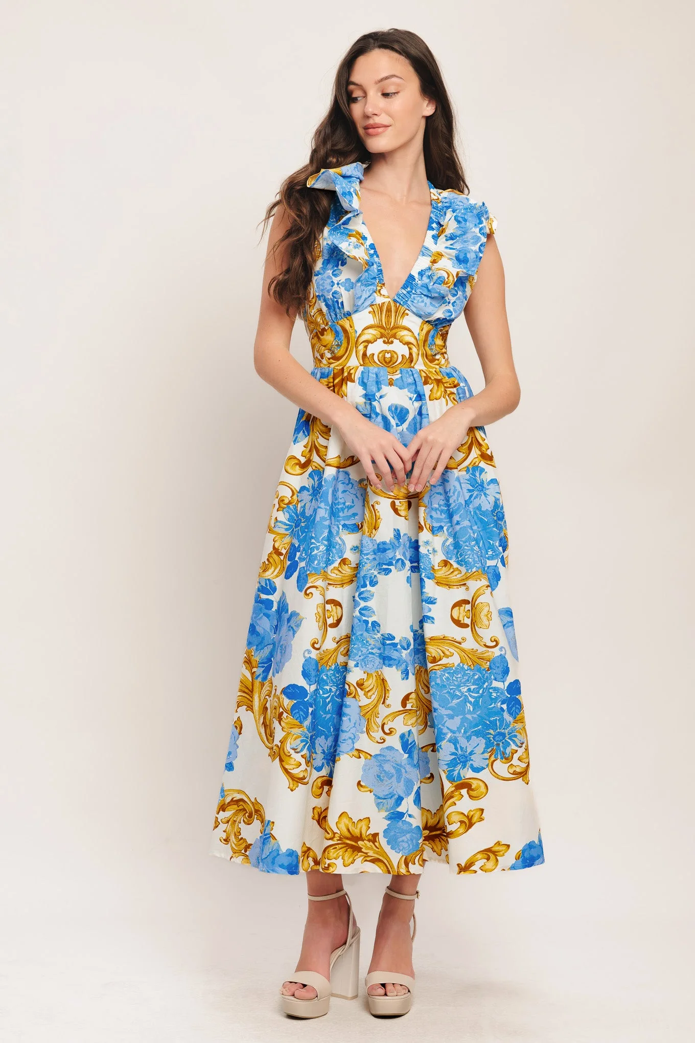 BAROQUE BLOOM BLUE MIDI DRESS - Image 3