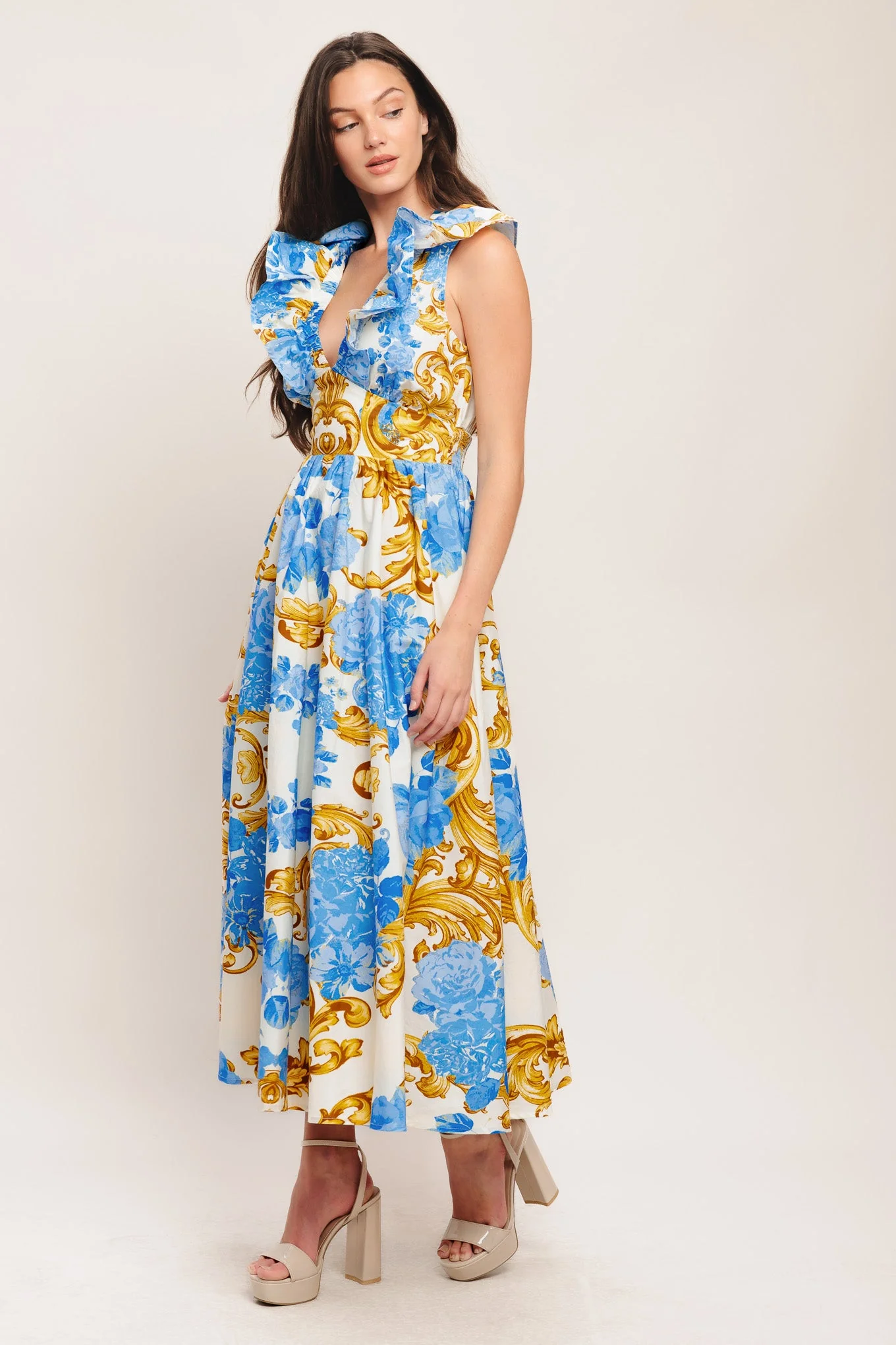 BAROQUE BLOOM BLUE MIDI DRESS - Image 4