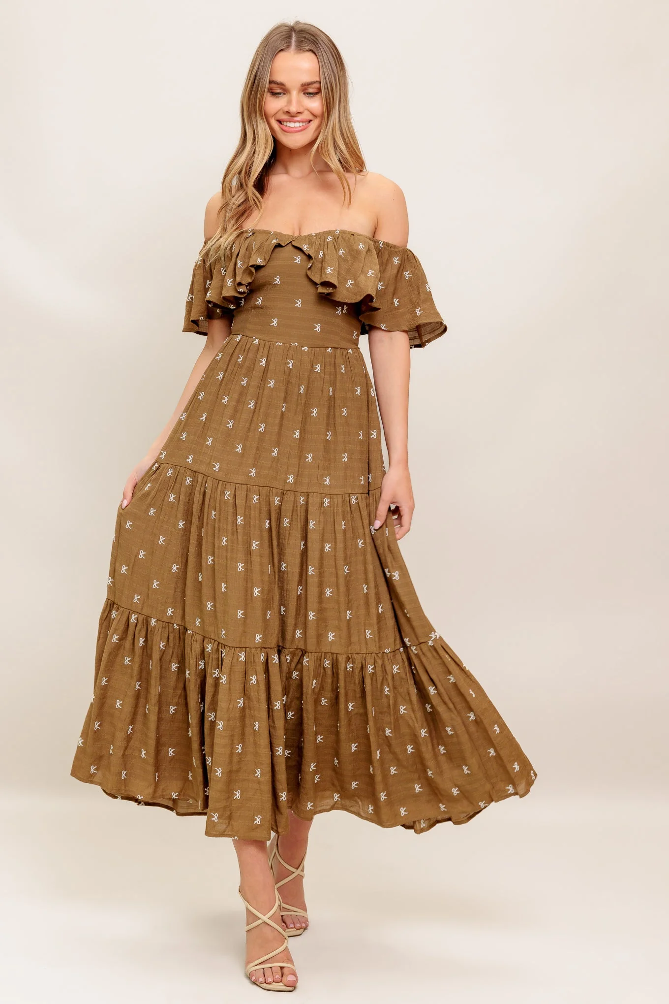BELLE AMOUR OFF SHOULDER BROWN MIDI DRESS - Image 5