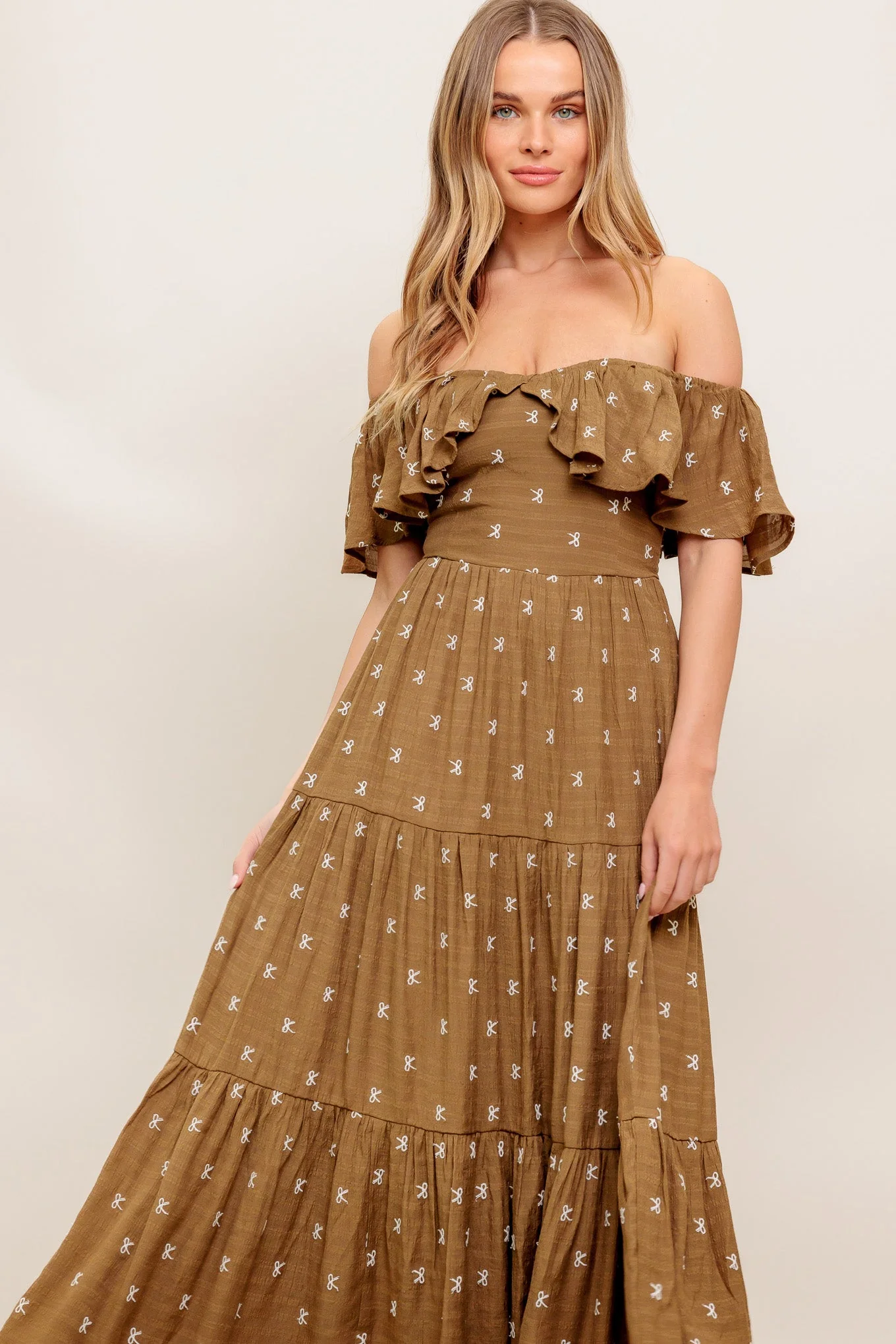 BELLE AMOUR OFF SHOULDER BROWN MIDI DRESS - Image 6
