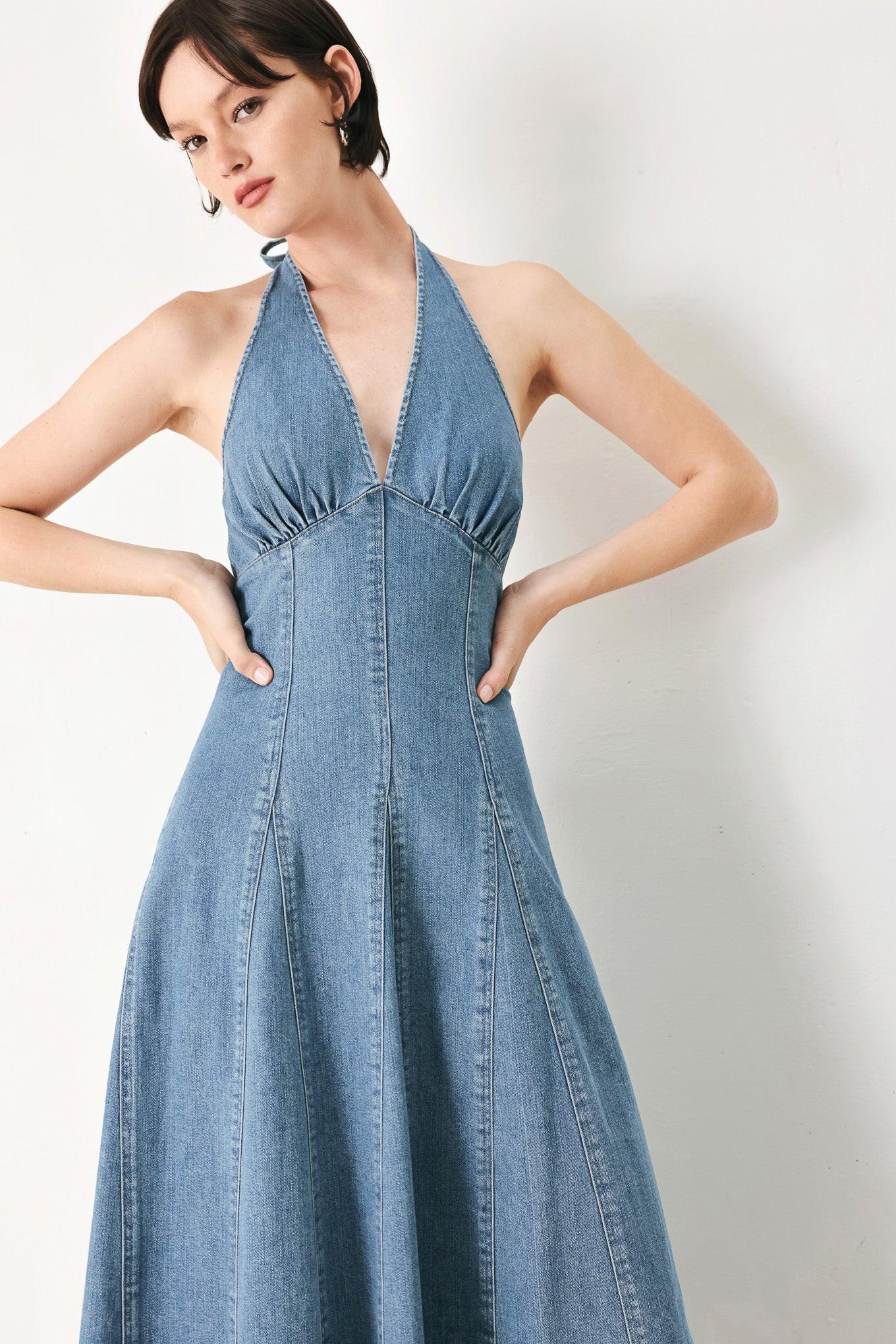 BLUE HALTER DENIM MIDI DRESS - Image 7