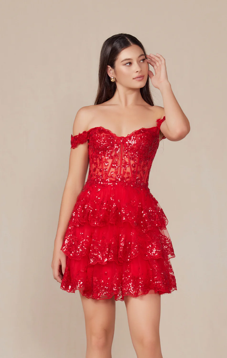 BRENNA MINI DRESS - RED - OFF SHOULDER TIERED SHORT DRESS - Image 2