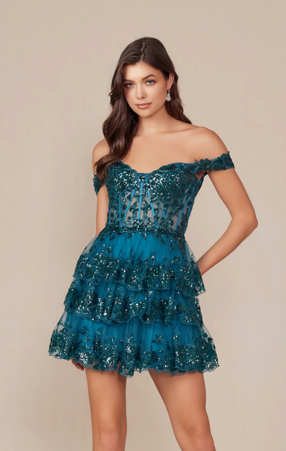 BRENNA MINI DRESS - TEAL - OFF SHOULDER TIERED SHORT DRESS - Image 2