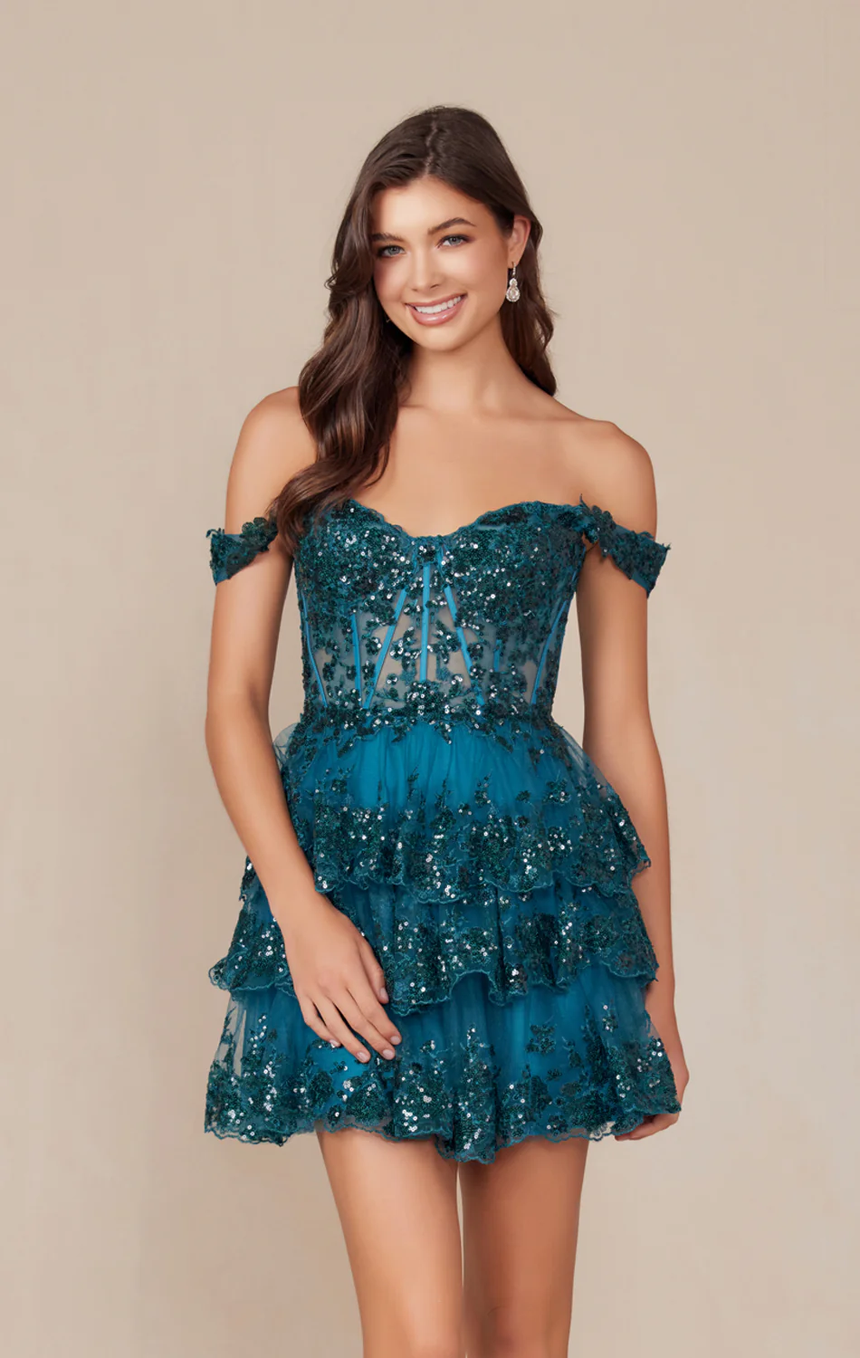 BRENNA MINI DRESS - TEAL - OFF SHOULDER TIERED SHORT DRESS - Image 3