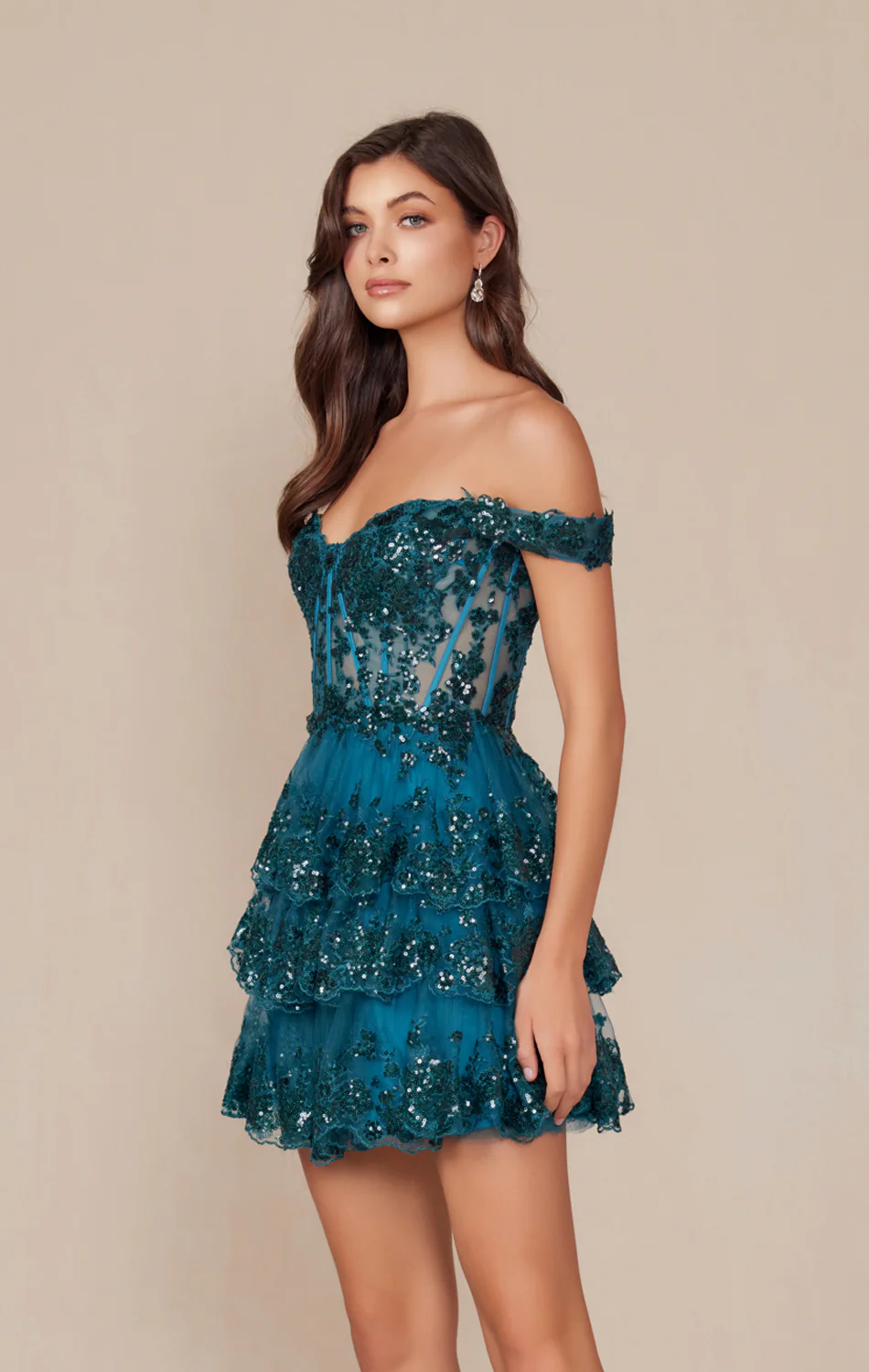 BRENNA MINI DRESS - TEAL - OFF SHOULDER TIERED SHORT DRESS - Image 4