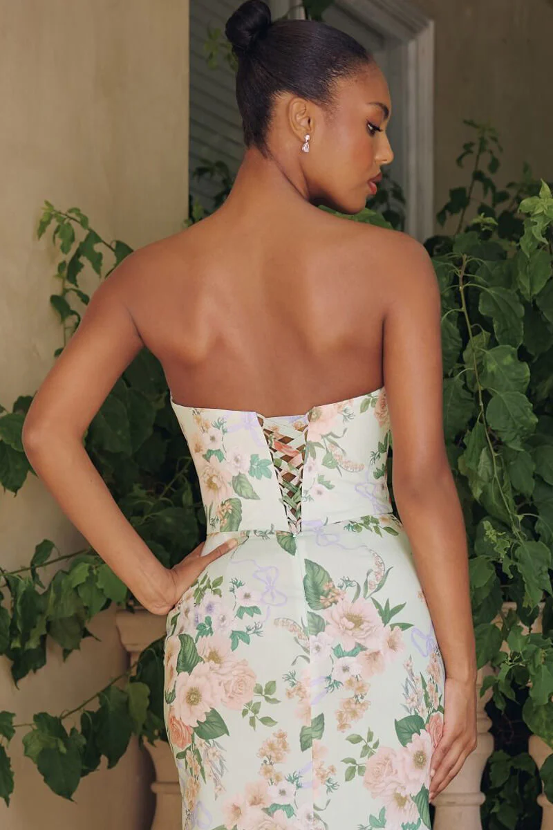 BRIANNA GOWN - STRAPLESS SAGE FLORAL CHIFFON GOWN WITH SCARF - Image 4