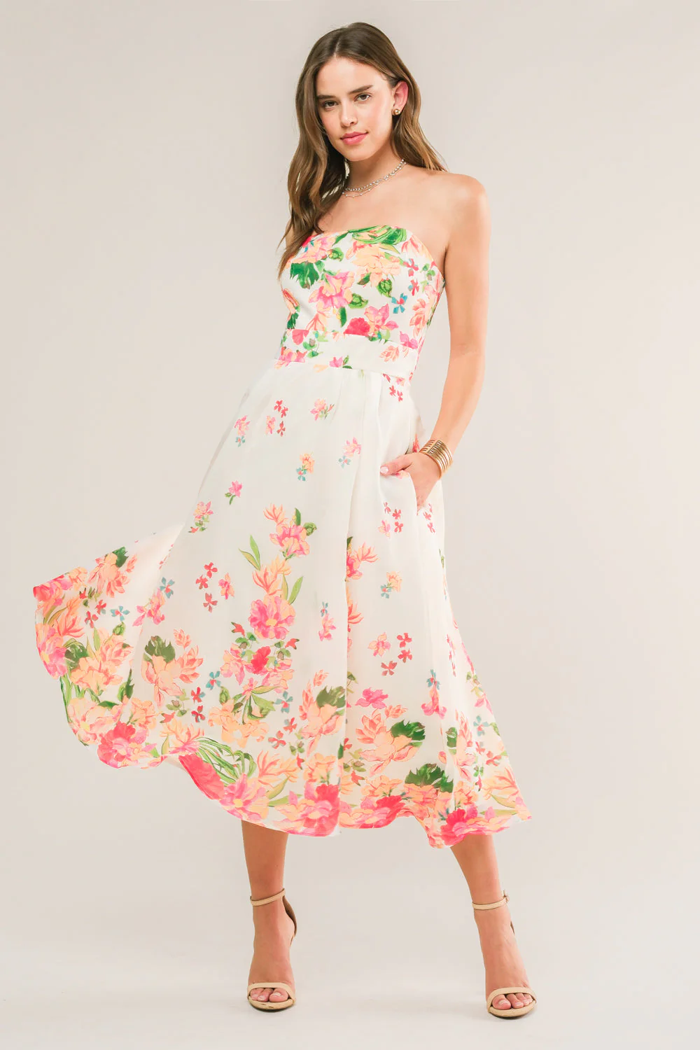 BRUNCH BOUQUET - STRAPLESS FLORAL MIDI DRESS - Image 2