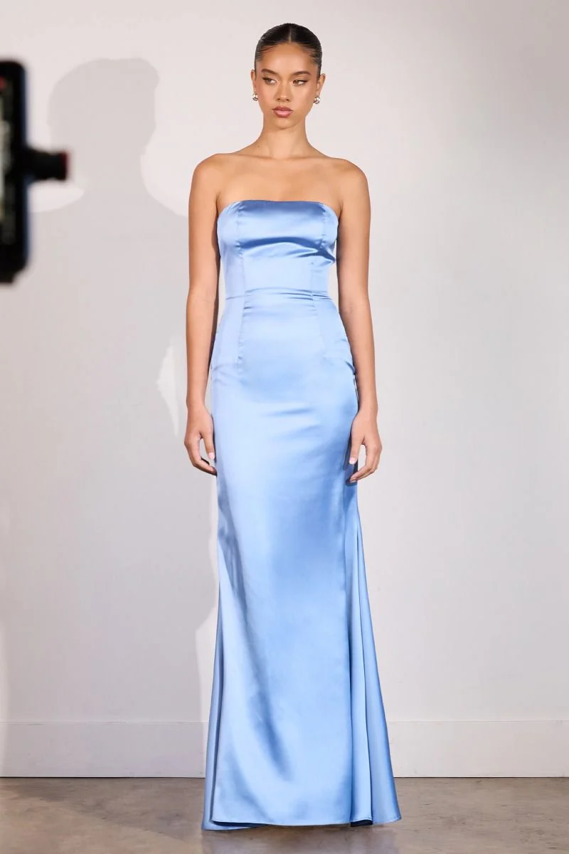 Brynn Maxi Dress - Strapless Fitted Satin Dress With Scarf - Image 12