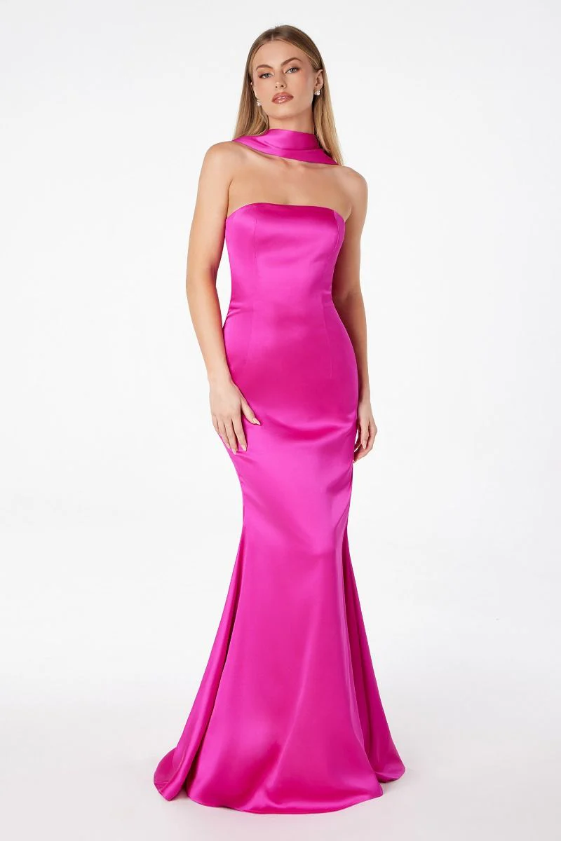 Brynn Maxi Dress - Strapless Fitted Satin Dress With Scarf - Image 14
