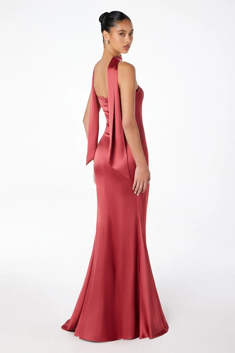 Brynn Maxi Dress - Strapless Fitted Satin Dress With Scarf - Image 4