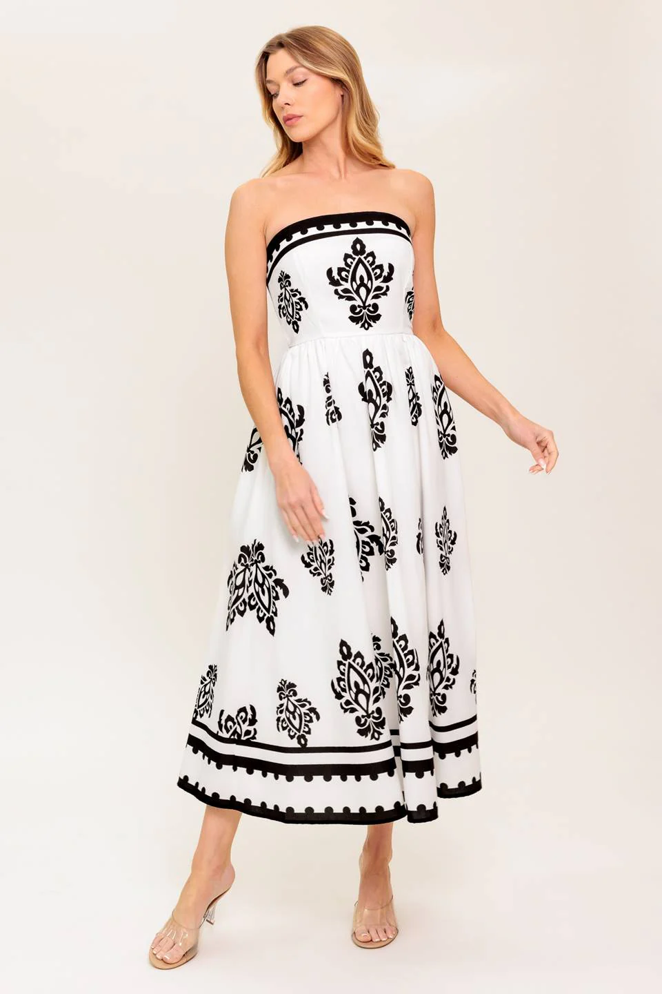 CAFE IN PARIS STRAPLESS MIDI DRESS - IVORY & BLACK - Image 3