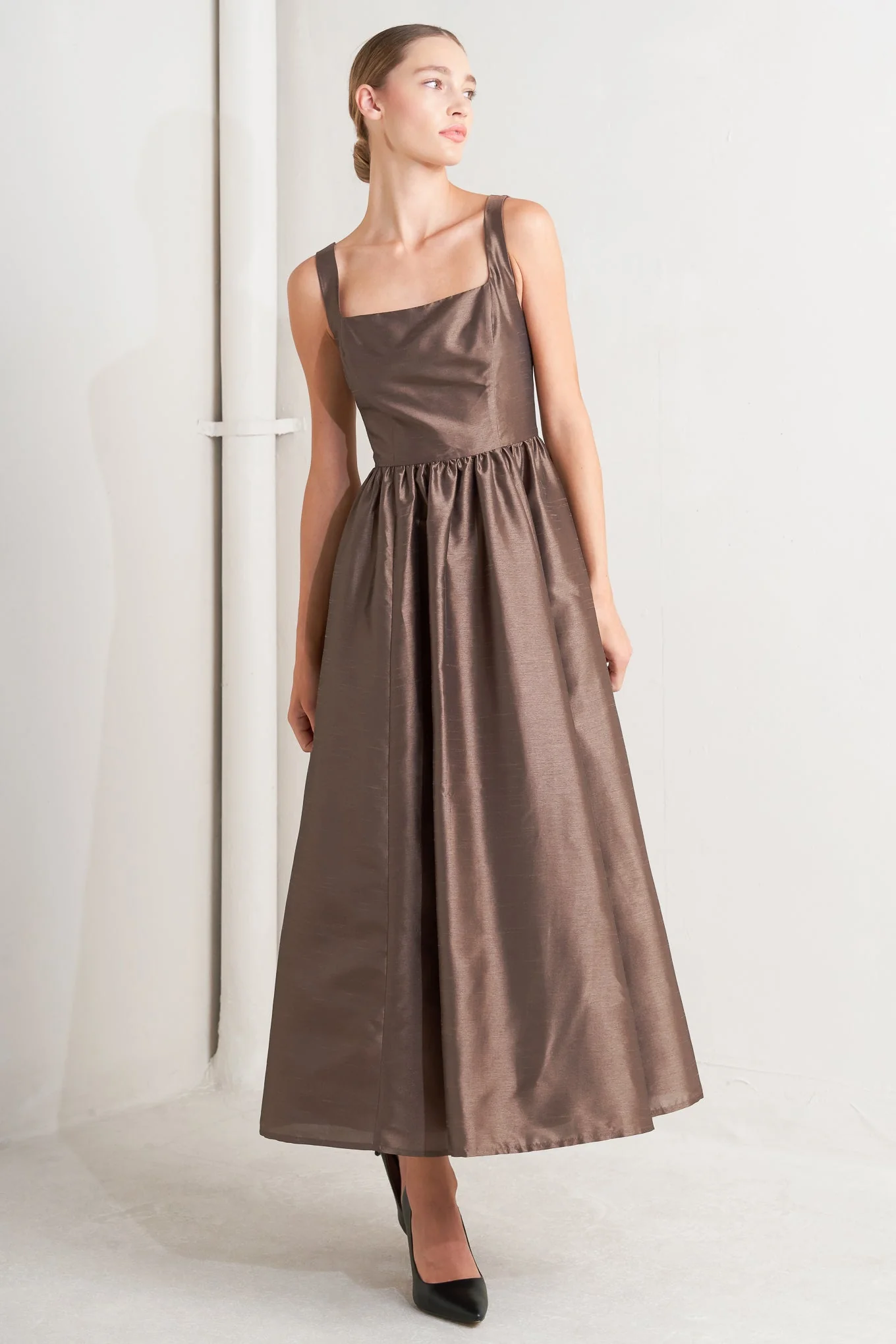 CAFÉ LUSTER BROWN MIDI DRESS - Image 3