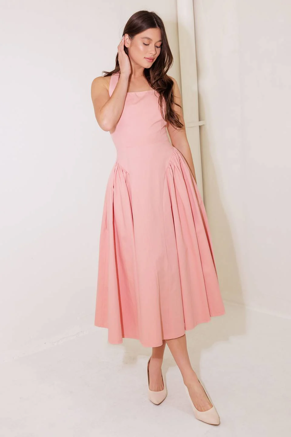 CAUGHT IN THE RAIN HALTER MIDI DRESS - SOFT PINK - Image 3