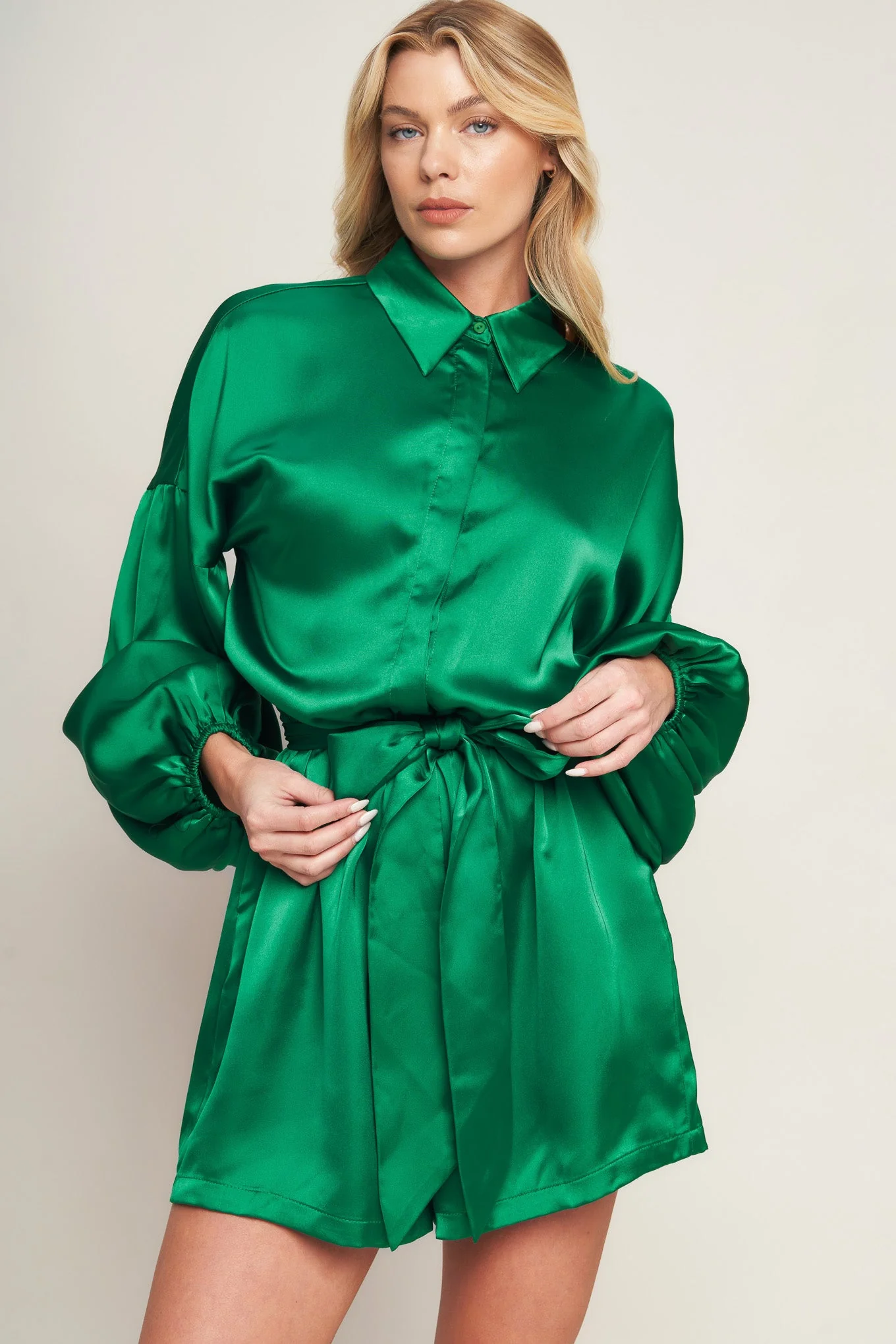 CELEBRATION TIME GREEN SATIN ROMPER WITH LONG SLEEVES - FINAL SALE - Image 4