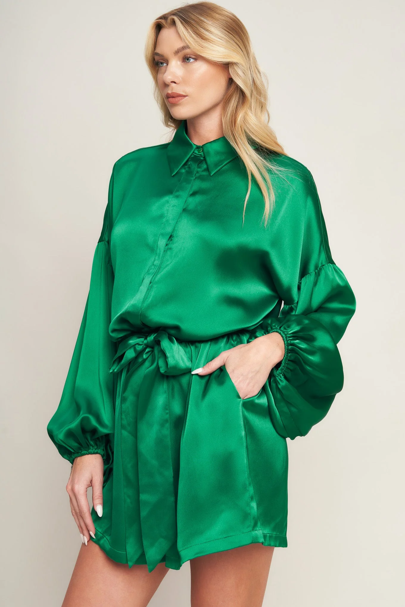 CELEBRATION TIME GREEN SATIN ROMPER WITH LONG SLEEVES - FINAL SALE - Image 5