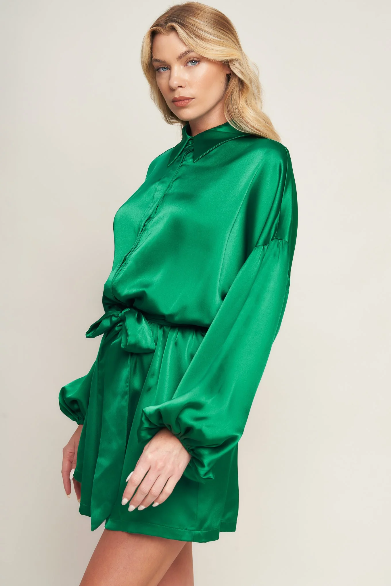 CELEBRATION TIME GREEN SATIN ROMPER WITH LONG SLEEVES - FINAL SALE - Image 6