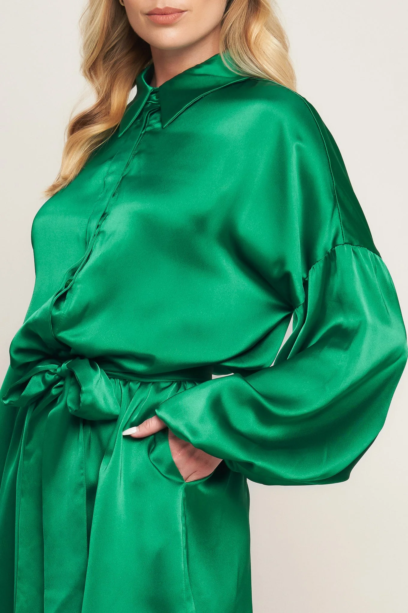CELEBRATION TIME GREEN SATIN ROMPER WITH LONG SLEEVES - FINAL SALE - Image 7