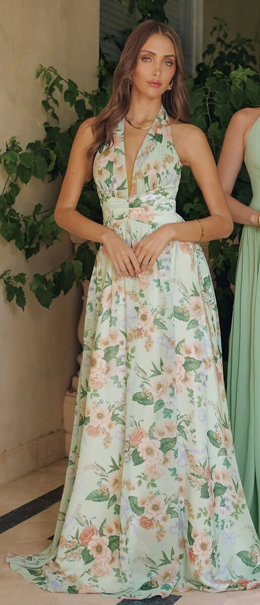 CHEYENNE GOWN - SAGE FLORAL CHIFFON HALTER DRESS - Image 2