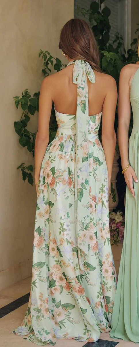 CHEYENNE GOWN - SAGE FLORAL CHIFFON HALTER DRESS - Image 3