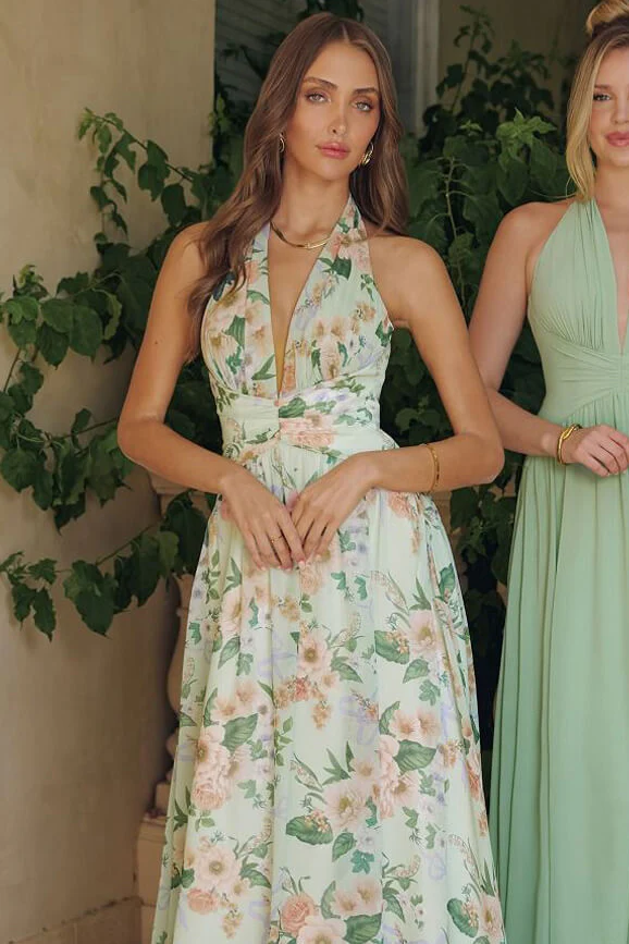CHEYENNE GOWN - SAGE FLORAL CHIFFON HALTER DRESS - Image 4