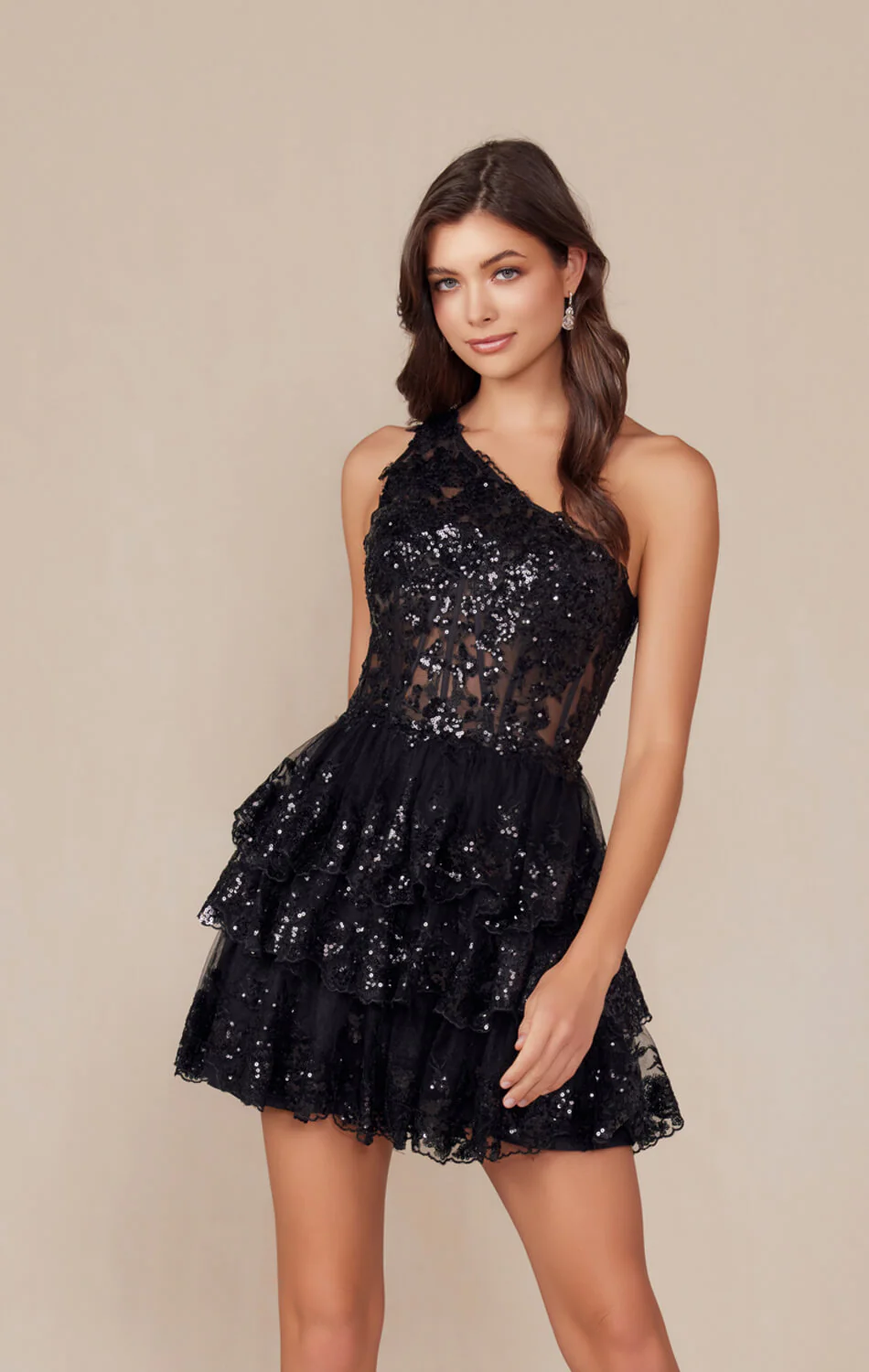 CHRISTIE MINI DRESS - BLACK - ONE SHOULDER TIERED SHORT DRESS - Image 2